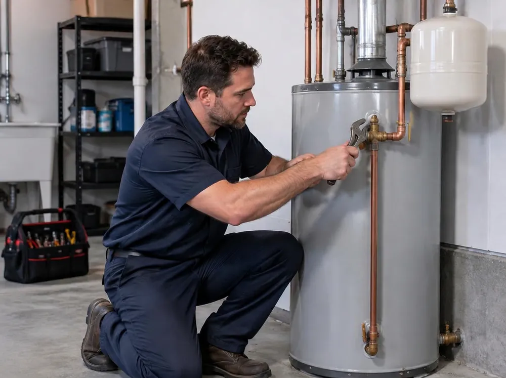 Plumber servicing a residential water heater and copper connection