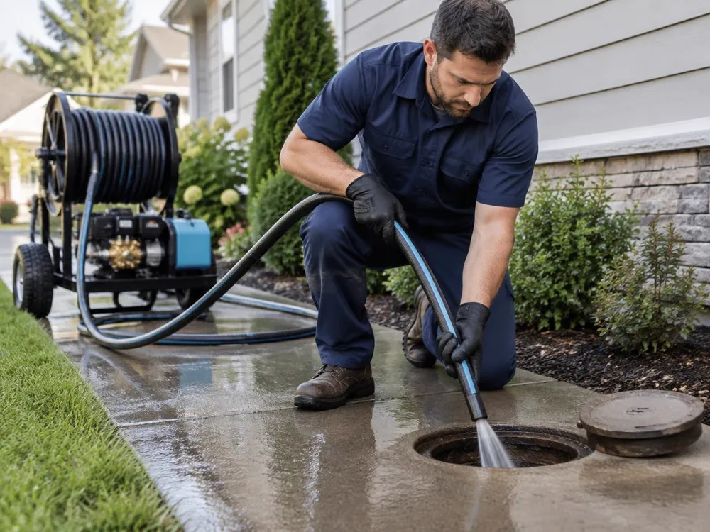 Plumber using professional hydro-jetting equipment at a residential drain cleanout