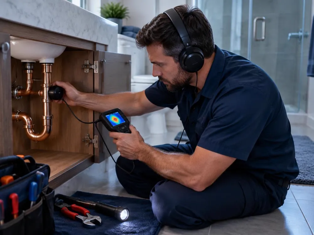 Plumber using acoustic and thermal equipment to locate a hidden pipe leak